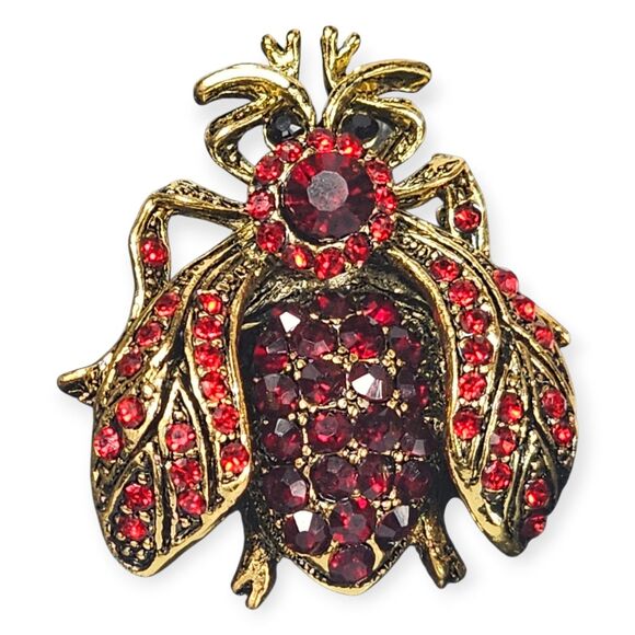 Vintage Red Rhinestone Beetle Bug Brooch Pin Gold Tone Insect Jewelry Pendant - Picture 1 of 5